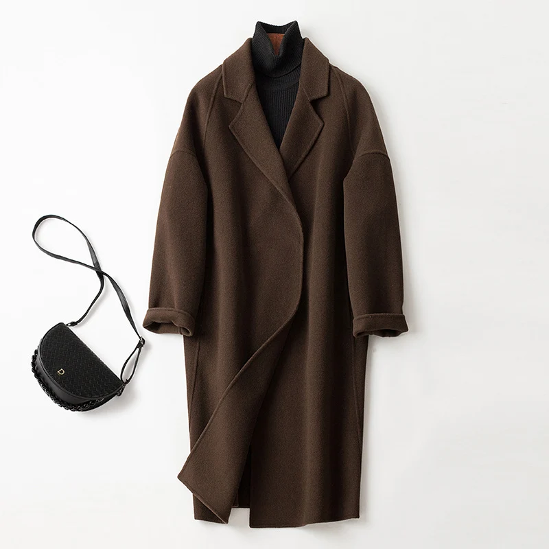 Damen Oversize Wollmix Mantel mit fallendem Revers und gerader Maxilänge Nord Taschen