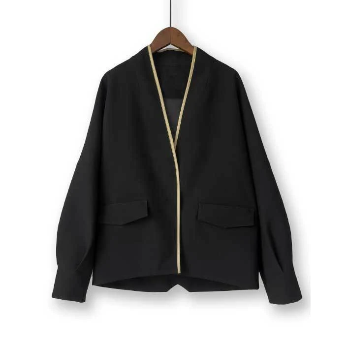 Damen Oversize kragenlose Blazerjacke mit kontrastpaspel & Pattentaschen Nord Taschen