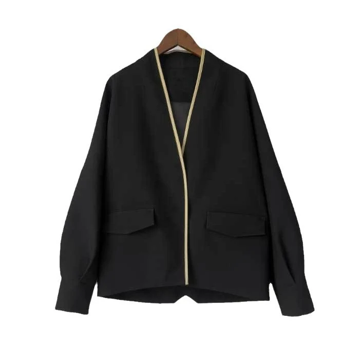 Damen Oversize kragenlose Blazerjacke mit kontrastpaspel & Pattentaschen Nord Taschen