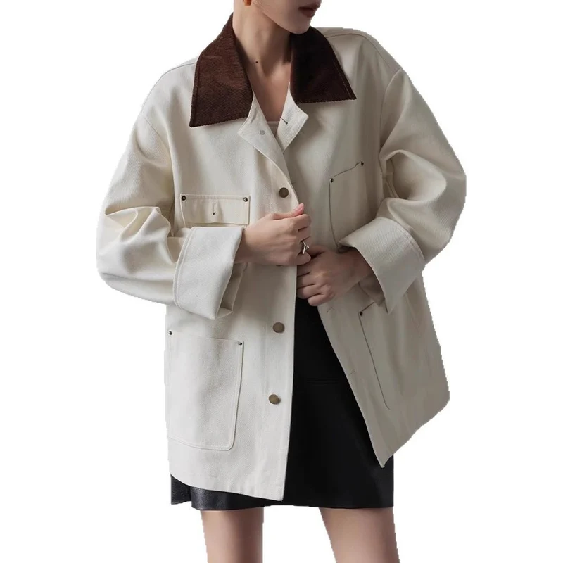 Damen Oversize-Cabanjacke aus strukturierter Baumwollmischung mit kontrastierendem Cordkragen und aufgesetzten Pattentaschen Nord Taschen