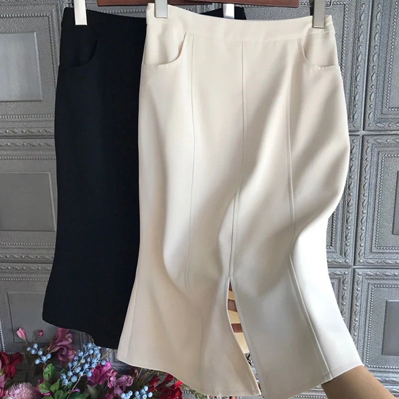 Damen Midirock mit hohem Bund, Teilungsnähten und mittigem Schlitz Nord Taschen