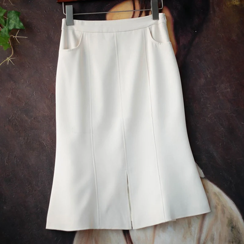 Damen Midirock mit hohem Bund, Teilungsnähten und mittigem Schlitz Nord Taschen
