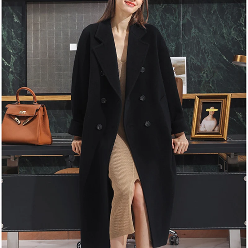 Damen Luxuriöser taillierter Doppelreihiger Wollmix-Maximantel mit Bindegürtel und Reverskragen Nord Taschen