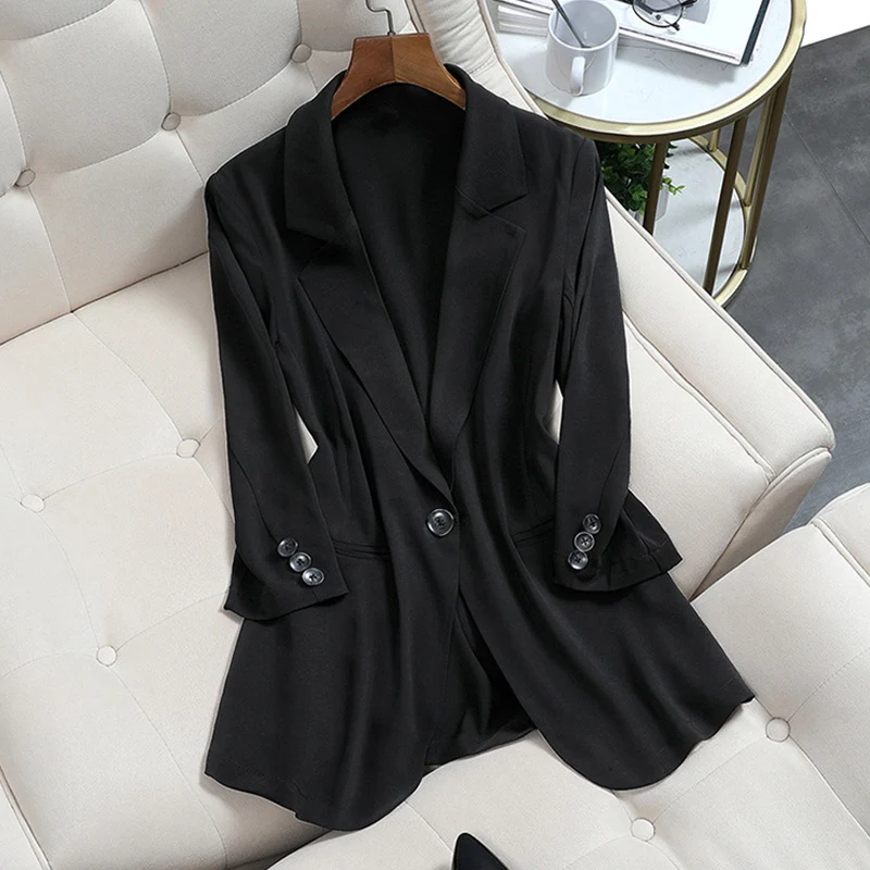 Damen Leichter taillierter Longblazer mit fallendem Saum und Paspeltaschen Nord Taschen