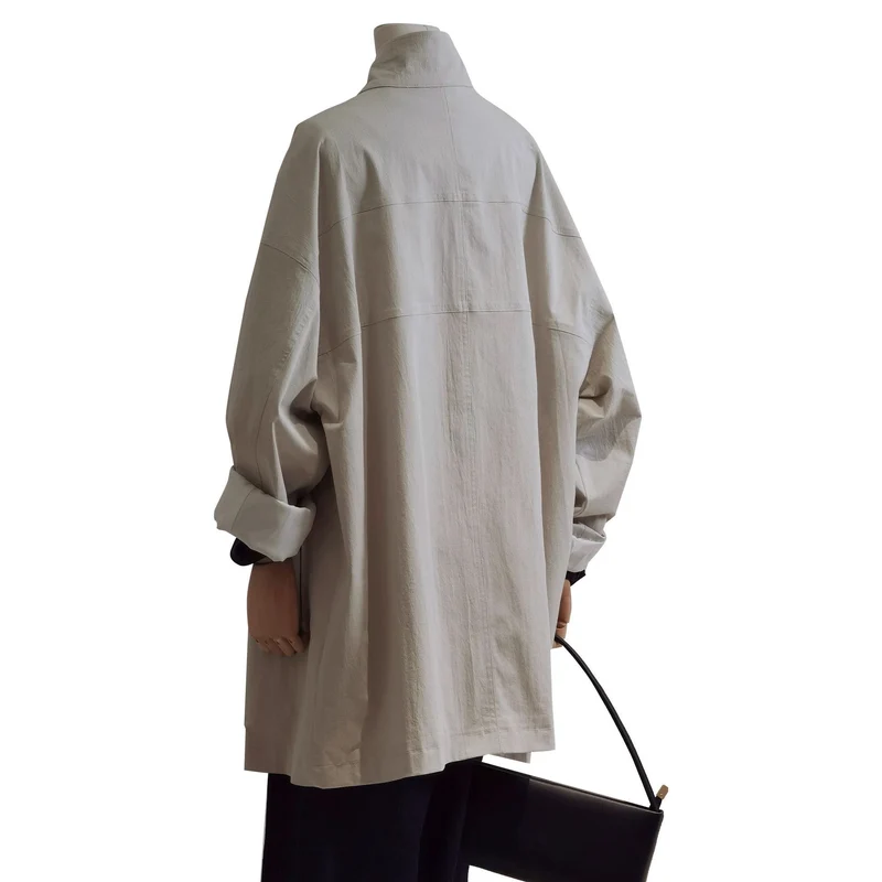 Damen leichter Oversize-Mantel mit Stehkragen und Druckknopfverschluss Nord Taschen