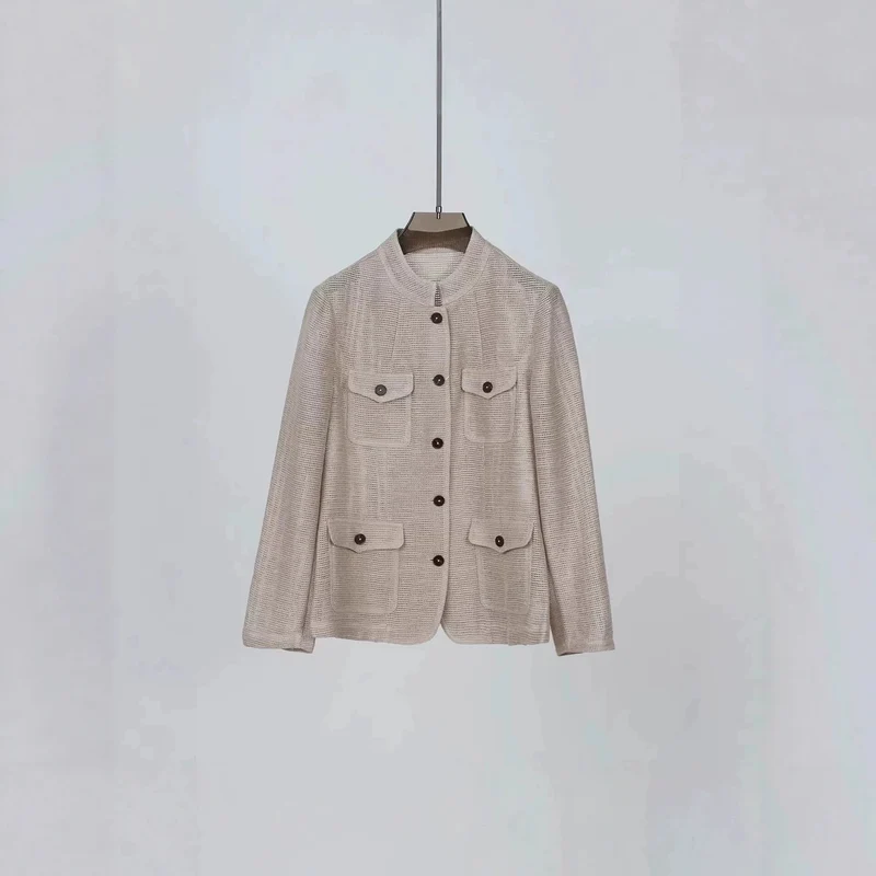 Damen Leichte Häkeloptik-Übergangsjacke mit Rundkragen und Pattentaschen Nord Taschen