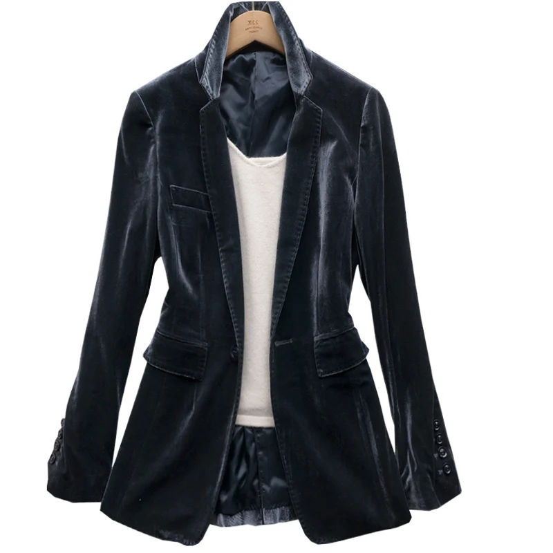 Damen Langer Samt‑Blazer mit taillierter Schnittführung, Pattentaschen und geriffeltem Revers Nord Taschen