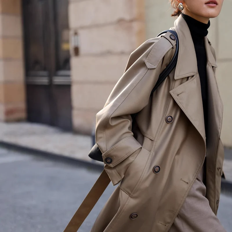 Damen Langer Oversize-Trenchcoat in veganer Lederoptik mit Bindegürtel und breitem Revers Nord Taschen