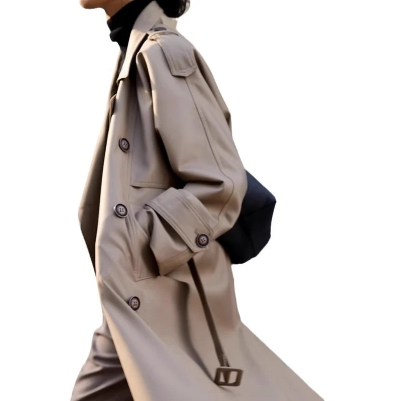 Damen Langer Oversize-Trenchcoat in veganer Lederoptik mit Bindegürtel und breitem Revers Nord Taschen