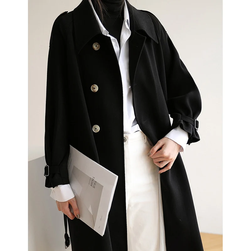 Damen Langer minimalistischer Trench‑Mantel im Cocoon‑Schnitt mit verstellbaren Manschetten Nord Taschen