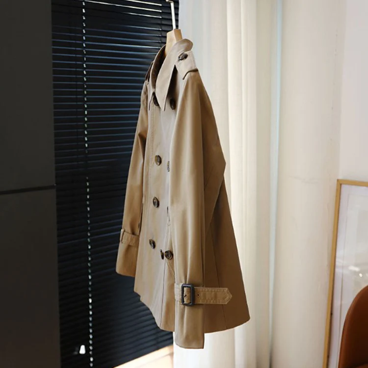 Damen Kurztrenchcoat mit Taillengürtel und Schulterklappen Nord Taschen