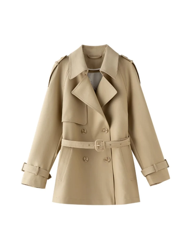 Damen Kurztrenchcoat im Doppelreiher mit Taillengürtel & Schulterklappen Nord Taschen