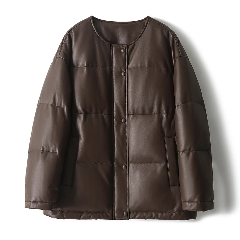 Damen Kurz geschnittene wattierte Kunstlederjacke mit Rundhalsaum und Druckknopfleiste Nord Taschen