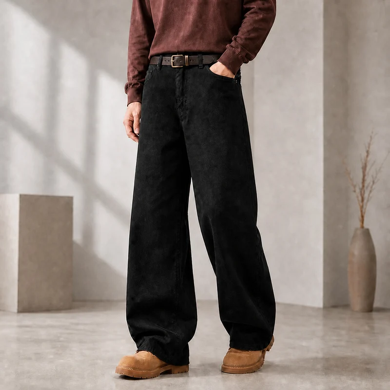 Herren Weite Denimhose mit hoher Taille und geradem Bein entspannter Schnitt Nord Taschen