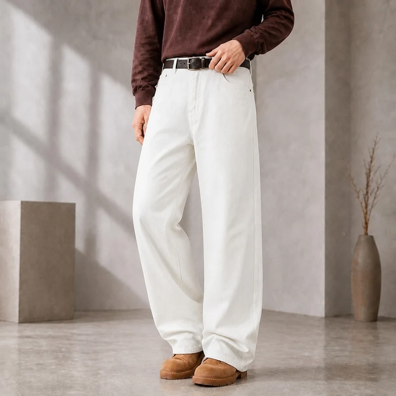 Herren Weite Denimhose mit hoher Taille und geradem Bein entspannter Schnitt Nord Taschen