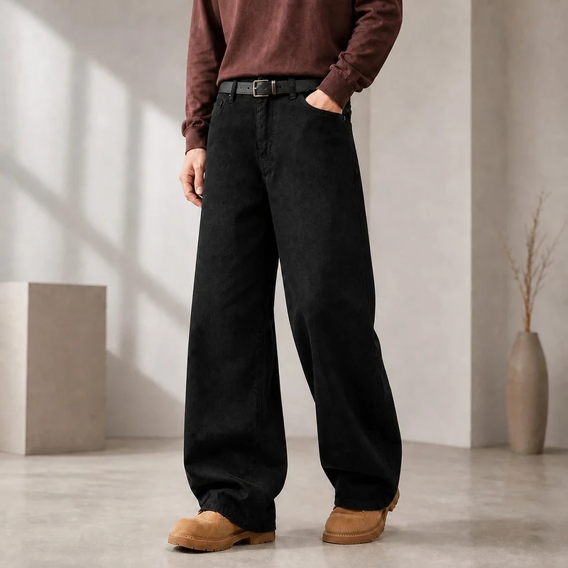 Herren Weite Denimhose mit hoher Taille und geradem Bein entspannter Schnitt Nord Taschen