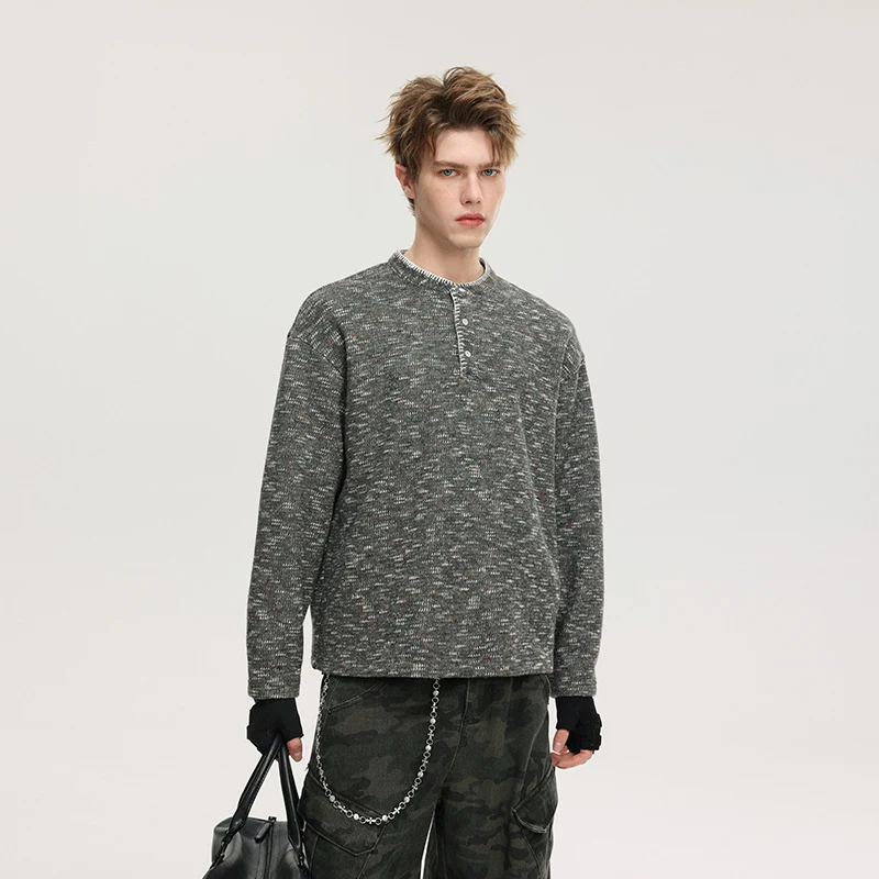 Herren Melange-Henley-Strickpullover mit Knopfleiste und legerer Passform Nord Taschen