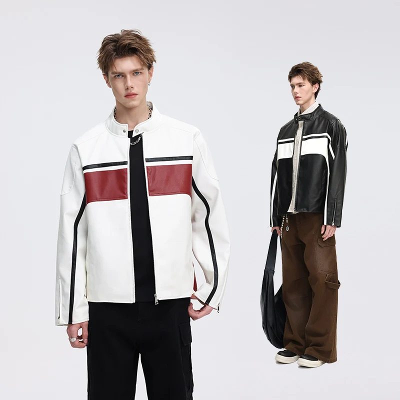 Herren Kunstleder-Bikerjacke mit Kontrastpaneelen und Stehkragen Nord Taschen