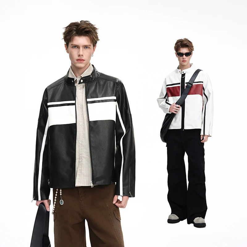 Herren Kunstleder-Bikerjacke mit Kontrastpaneelen und Stehkragen Nord Taschen