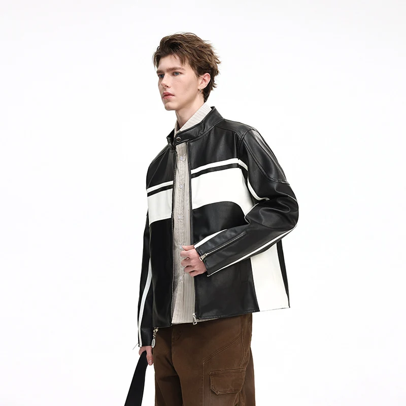 Herren Kunstleder-Bikerjacke mit Kontrastpaneelen und Stehkragen Nord Taschen