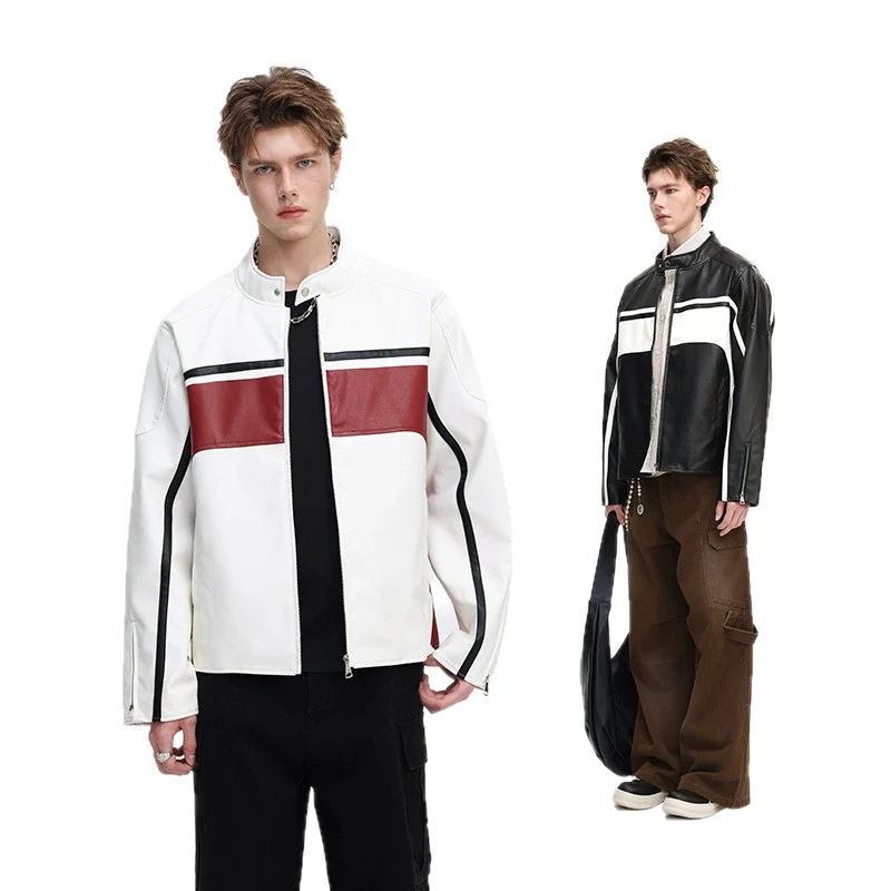 Herren Kunstleder-Bikerjacke mit Kontrastpaneelen und Stehkragen Nord Taschen