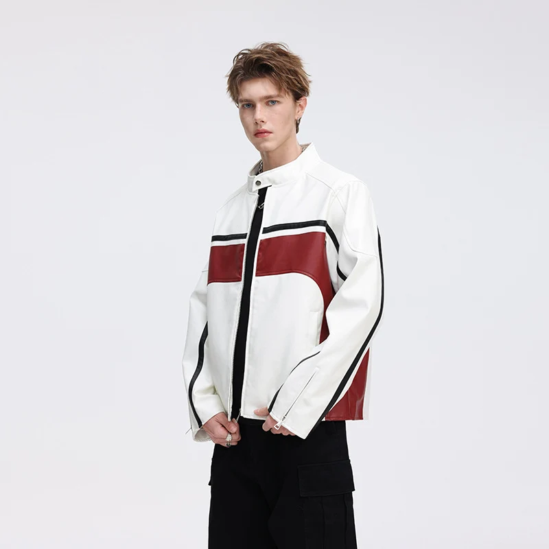 Herren Kunstleder-Bikerjacke mit Kontrastpaneelen und Stehkragen Nord Taschen