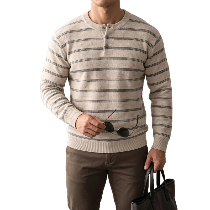 Herren Gestreifter Feinstrick-Henley-Pullover mit Knopfleiste und Rippbündchen Nord Taschen