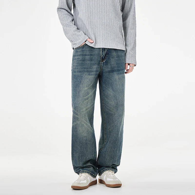 Herren Gerade geschnittene weite Jeans mit hohem Bund und Vintage-Waschung Nord Taschen