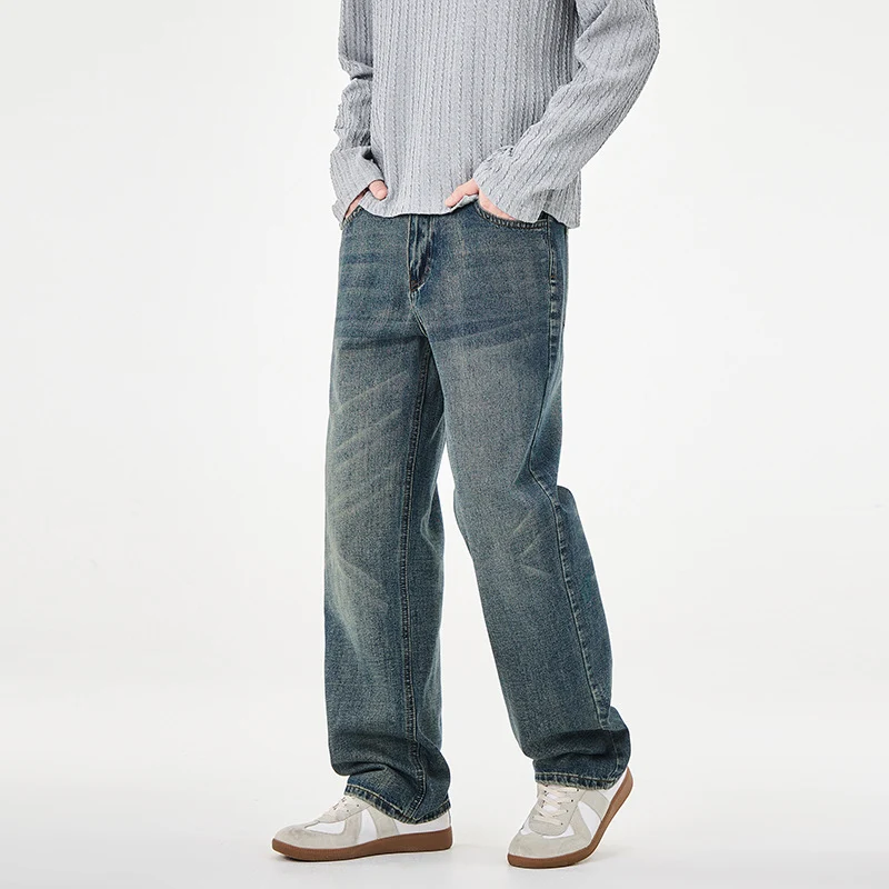 Herren Gerade geschnittene weite Jeans mit hohem Bund und Vintage-Waschung Nord Taschen