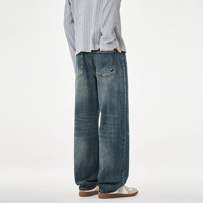 Herren Gerade geschnittene weite Jeans mit hohem Bund und Vintage-Waschung Nord Taschen