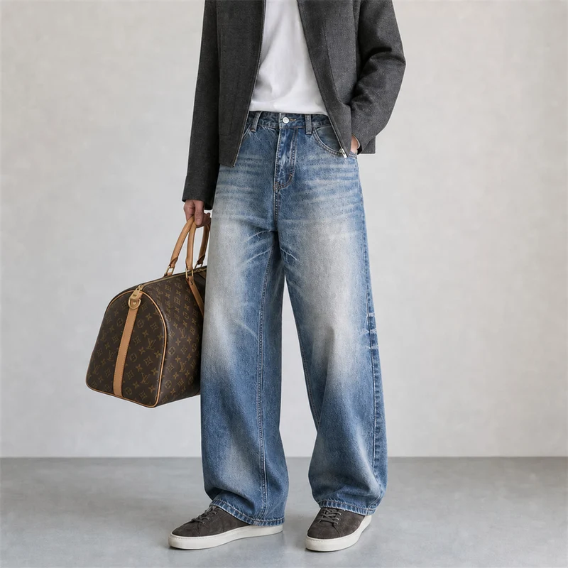 Damen Weite hochgeschnittene Vintage-Jeans mit Used-Effekt Nord Taschen