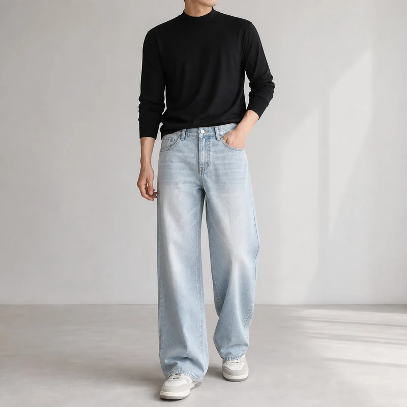 Damen Weite High-Waist-Denimhose mit weitem Bein und Vintage-Waschung Nord Taschen