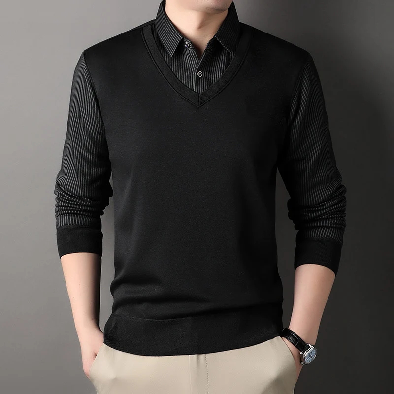 Herren Feinstrick-Pullover mit V-Ausschnitt und Hemdkragen-Optik Nord Taschen