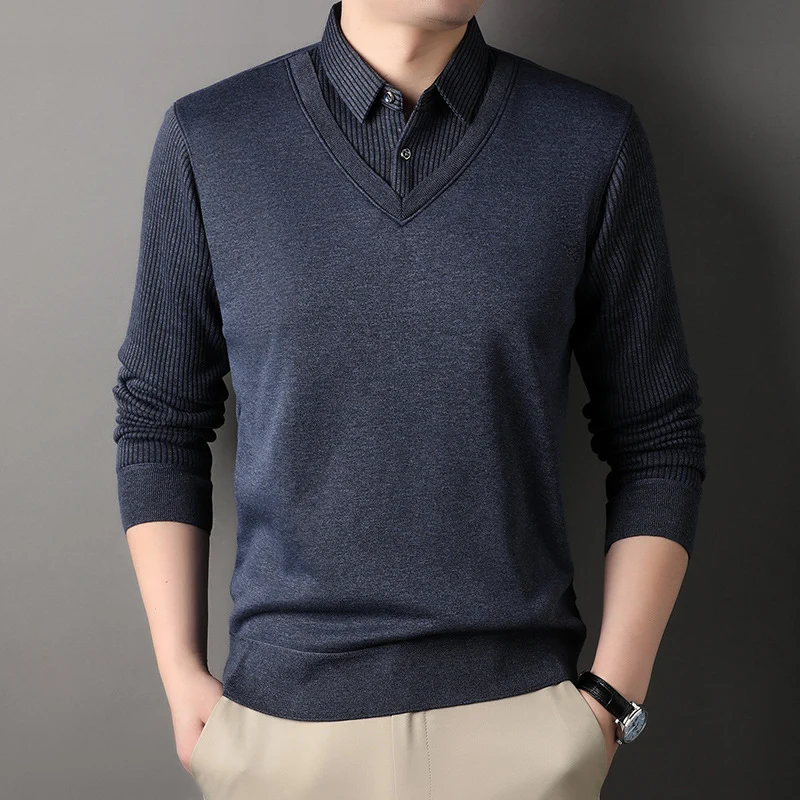 Herren Feinstrick-Pullover mit V-Ausschnitt und Hemdkragen-Optik Nord Taschen