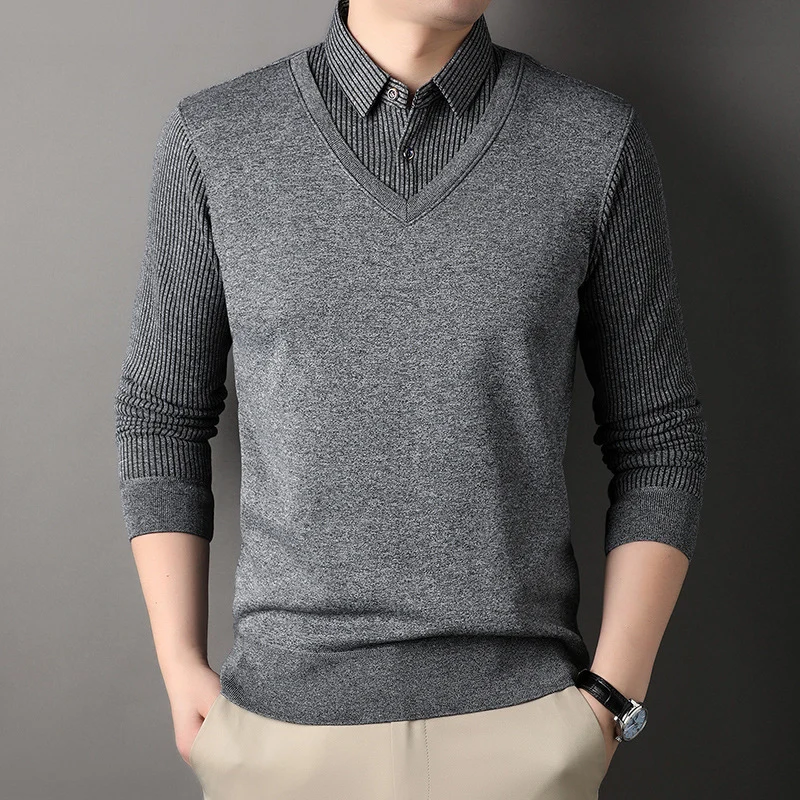 Herren Feinstrick-Pullover mit V-Ausschnitt und Hemdkragen-Optik Nord Taschen