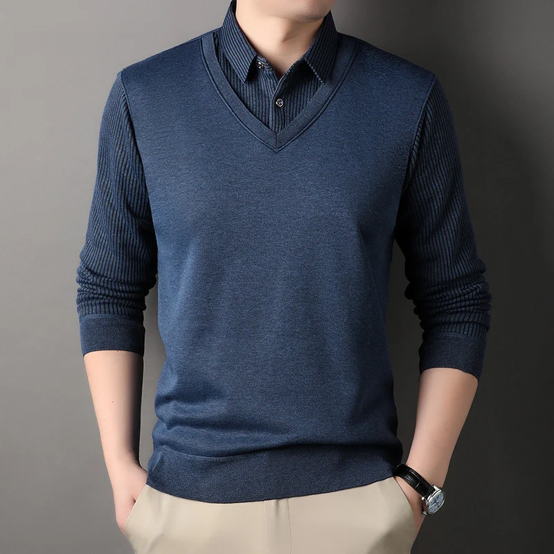 Herren Feinstrick-Pullover mit V-Ausschnitt und Hemdkragen-Optik Nord Taschen