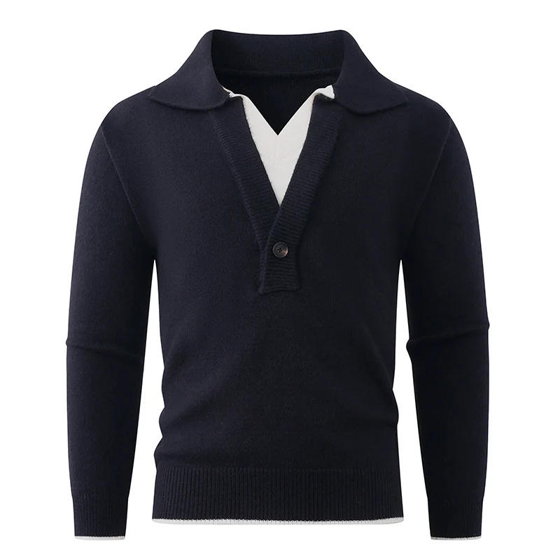 Herren Feinstrick-Pullover mit Polokragen und Ein-Knopf-Halbblende Nord Taschen