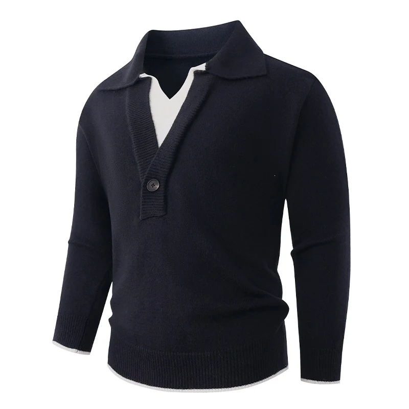 Herren Feinstrick-Pullover mit Polokragen und Ein-Knopf-Halbblende Nord Taschen