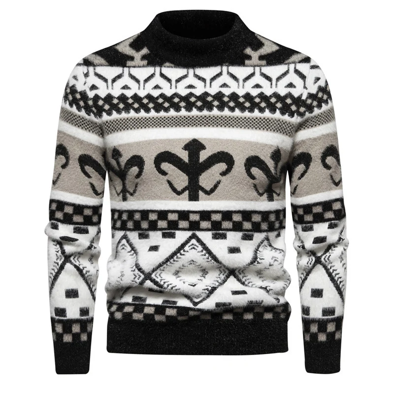 Herren Feinstrick-Mockneck-Pullover mit Jacquardmuster und gerippten Bündchen Nord Taschen