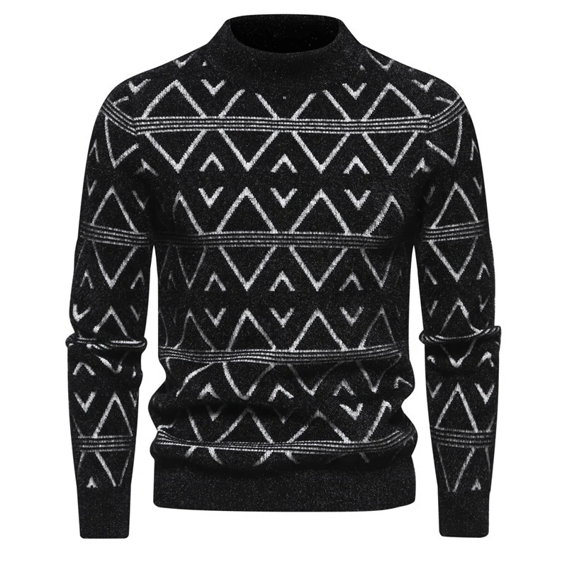 Herren Feinstrick-Mockneck-Pullover mit geometrischem Jacquardmuster und geripptem Saum Nord Taschen