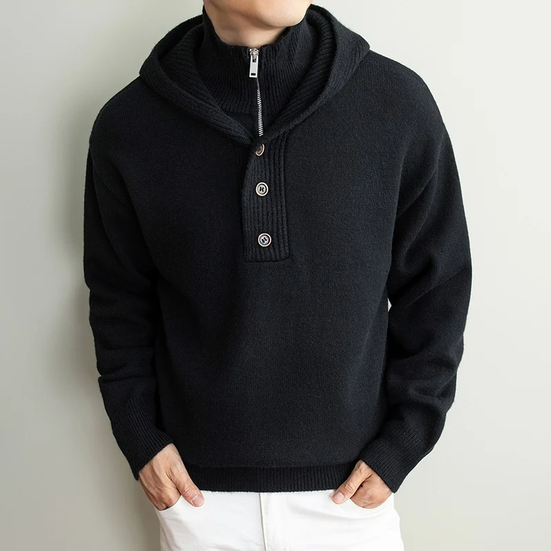 Herren Feinstrick-Kapuzenpullover mit halbem Reißverschluss und Knopfblende Nord Taschen