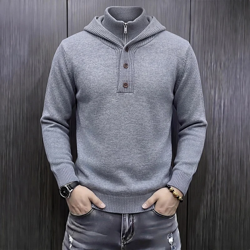 Herren Feinstrick-Kapuzenpullover mit halbem Reißverschluss und Knopfblende Nord Taschen