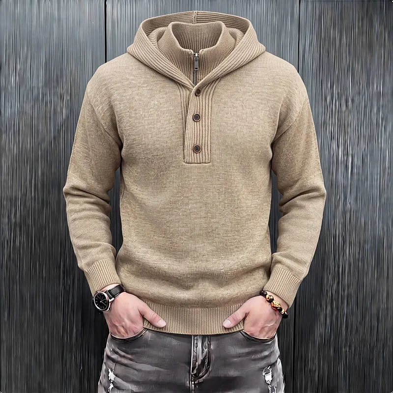 Herren Feinstrick-Kapuzenpullover mit halbem Reißverschluss und Knopfblende Nord Taschen