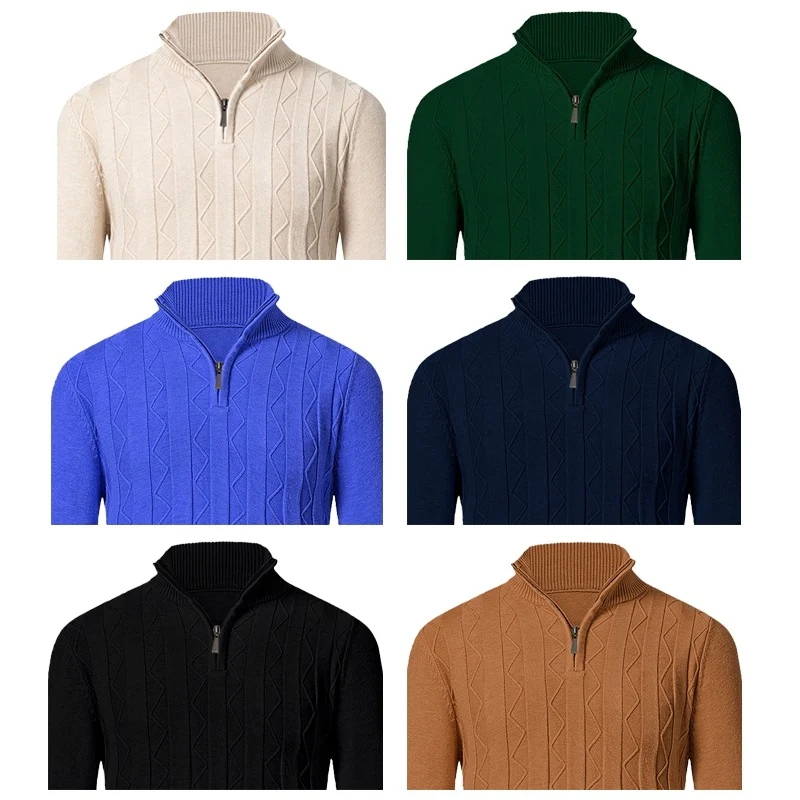 Herren Feinstrick-Halbzip-Pullover mit Zopfmuster und Stehkragen Nord Taschen