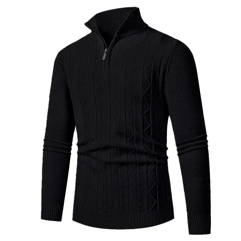 Herren Feinstrick-Halbzip-Pullover mit Zopfmuster und Stehkragen Nord Taschen