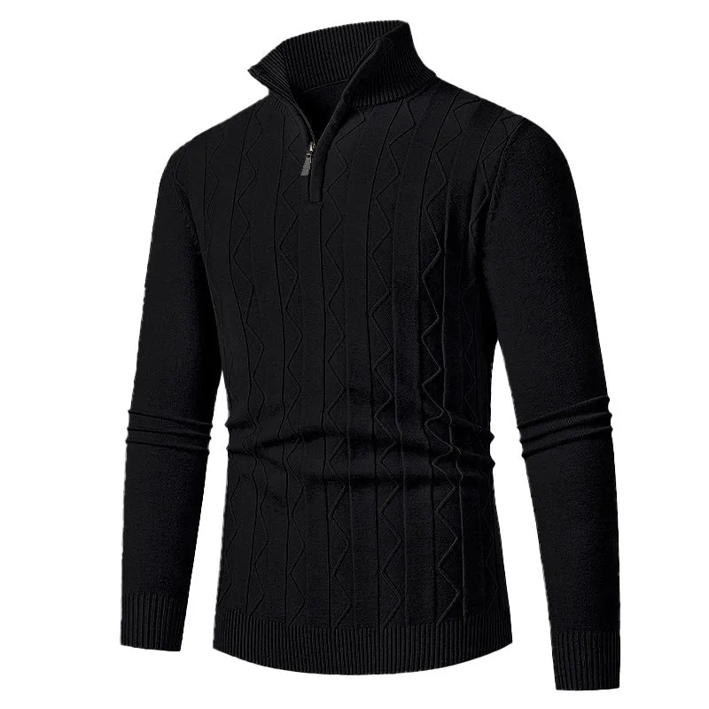 Herren Feinstrick-Halbzip-Pullover mit Zopfmuster und Stehkragen Nord Taschen