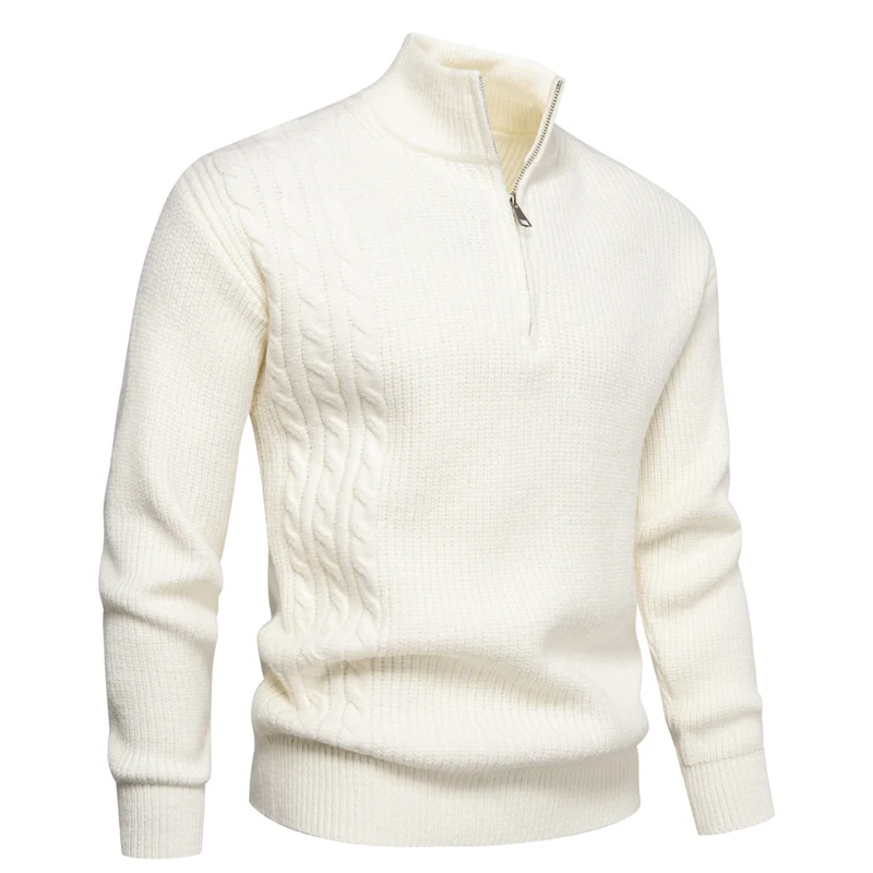 Herren Feinstrick-Halbzip-Pullover mit Stehkragen, Rippstruktur und Schulter-Zopfdetail Nord Taschen