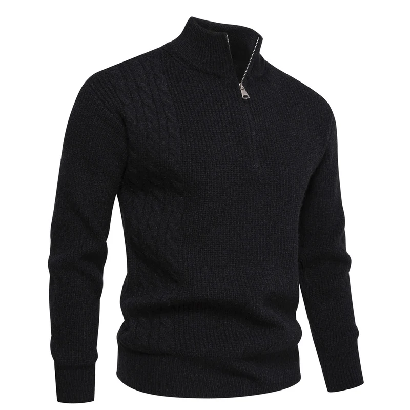 Herren Feinstrick-Halbzip-Pullover mit Stehkragen, Rippstruktur und Schulter-Zopfdetail Nord Taschen