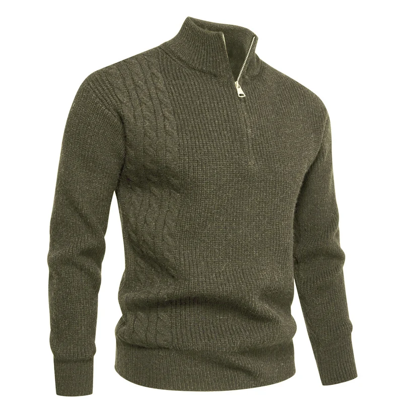 Herren Feinstrick-Halbzip-Pullover mit Stehkragen, Rippstruktur und Schulter-Zopfdetail Nord Taschen