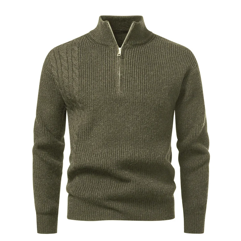 Herren Feinstrick-Halbzip-Pullover mit Stehkragen, Rippstruktur und Schulter-Zopfdetail Nord Taschen